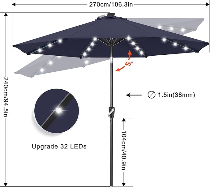 ABCCANOPY Durable Solar Led Patio Umbrellas with 32LED Lights 9FT (Navy Blue)