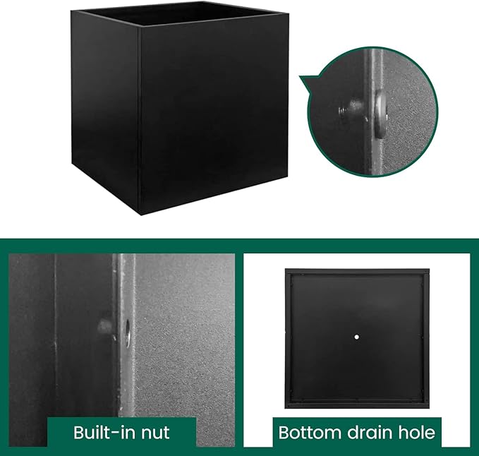 Galvanized Steel Planter Box Black Metal Planter 16Inch Square Indoor Outdoor Planters Cube Steel Heavy Duty Powder Coating Modern Commercial Residential for Patio, Yard, Garden