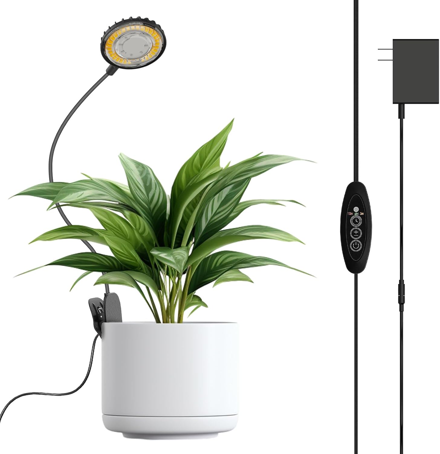 Small Grow Light for Indoor Plants, 12W Clip-On LED, Black | Flexible Gooseneck, 3/6/12H Timer, 4 Dimmable Levels for Desk or Windowsill