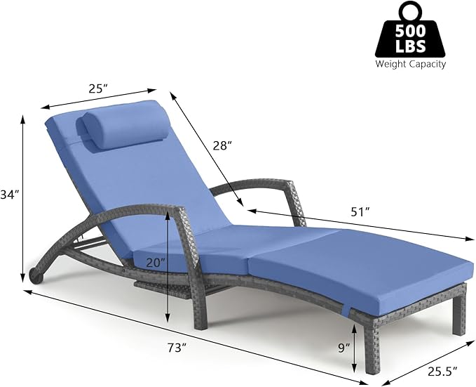 Chaise Lounge Chairs Outdoor Set of 2, Comfy Outside Wicker Patio Pool Lounge Chair w/ 5 Adjustable Back Angle, Cup Holder, Thicken Cushion