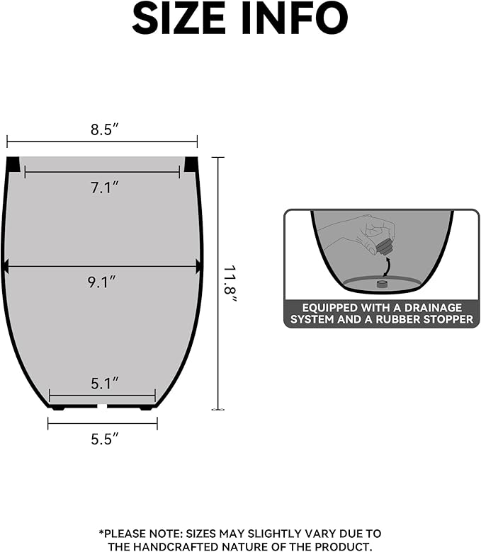 Kante 11.8 Inch Tall Concrete Planter, Large Indoor Outdoor Plant Pot with Drainage, Smooth Black Finish with Painted Interior, Ideal for Porch, Home, Garden, Patio