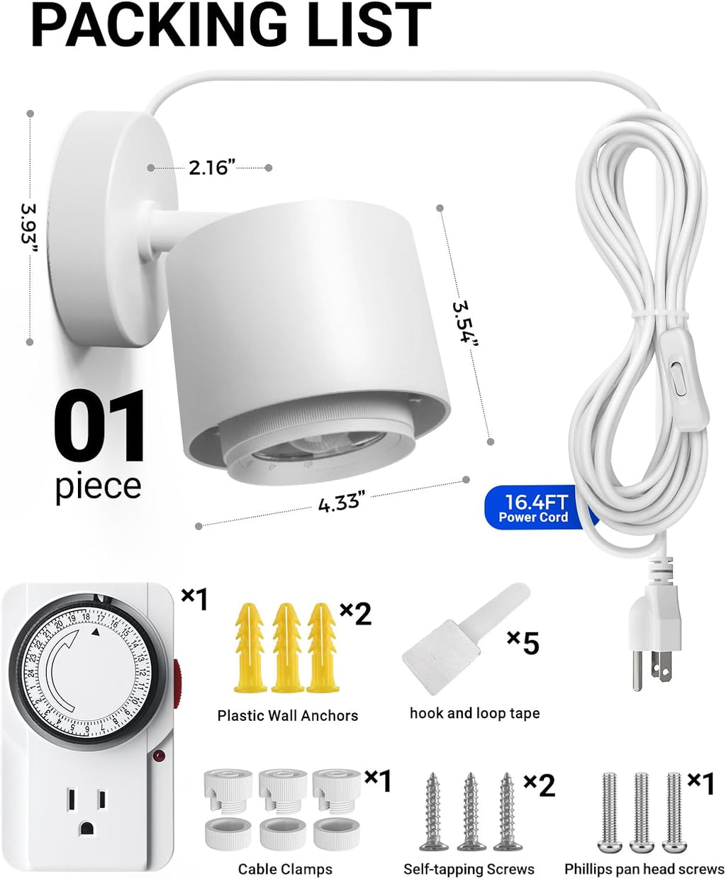 Barrina TR40A Track Grow Light, 5000K 40W, White Cover, 1-Pack | Wall Grow Bulbs for Indoor Plants, Adjustable Beam Angle (15°-60°), Full Spectrum Plant Spotlight, Timer & Long Power Cord