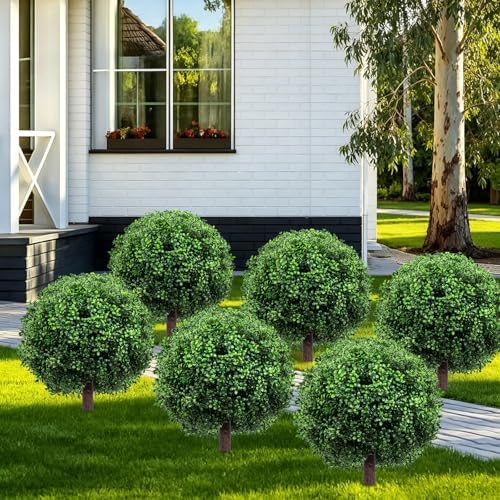 27.5" artificial boxwood topiary ball trees for outdoors, view 10