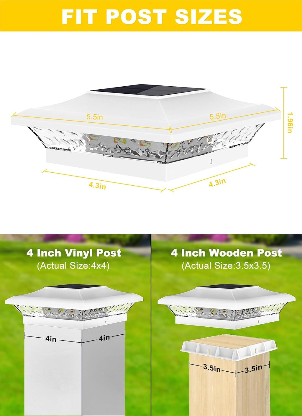 T-SUN 4x4 Solar Post Cap Light White, 6 Pack Solar Post Lights 3000K/6000K | Fit for 4x4 Vinyl Wooden Post, Waterproof Solar Post Cap Lights with Warm & Cool White, for Deck Garden Patio Yard Lighting
