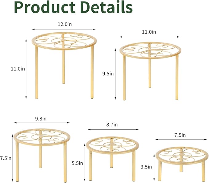 5-piece set of metal plant potted flower racks, heavy-duty flower pot plant racks of different sizes, iron flower racks, suitable for indoor and outdoor home decoration (Black) (5, Gold)