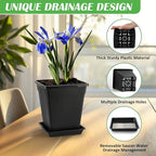 BTPLASTIK Square Plastic Planter 8 Inch, Plant Pots with Drainage Hole & Tray, 10 Pack Modern Decorative Garden Pot with Saucer, 1 Gallon Flower Pots Planters for Indoor Outdoor Plants