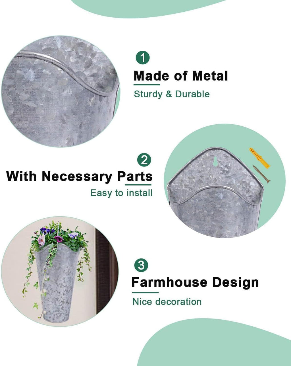 2 Pack 12 Inch Galvanized Wall Planters for Flowers, Silver | Tall Metal Tin Vases for Indoor or Outdoor Flowers, Farmhouse Hanging Planter Decor for Walls, Porches and Country Homes
