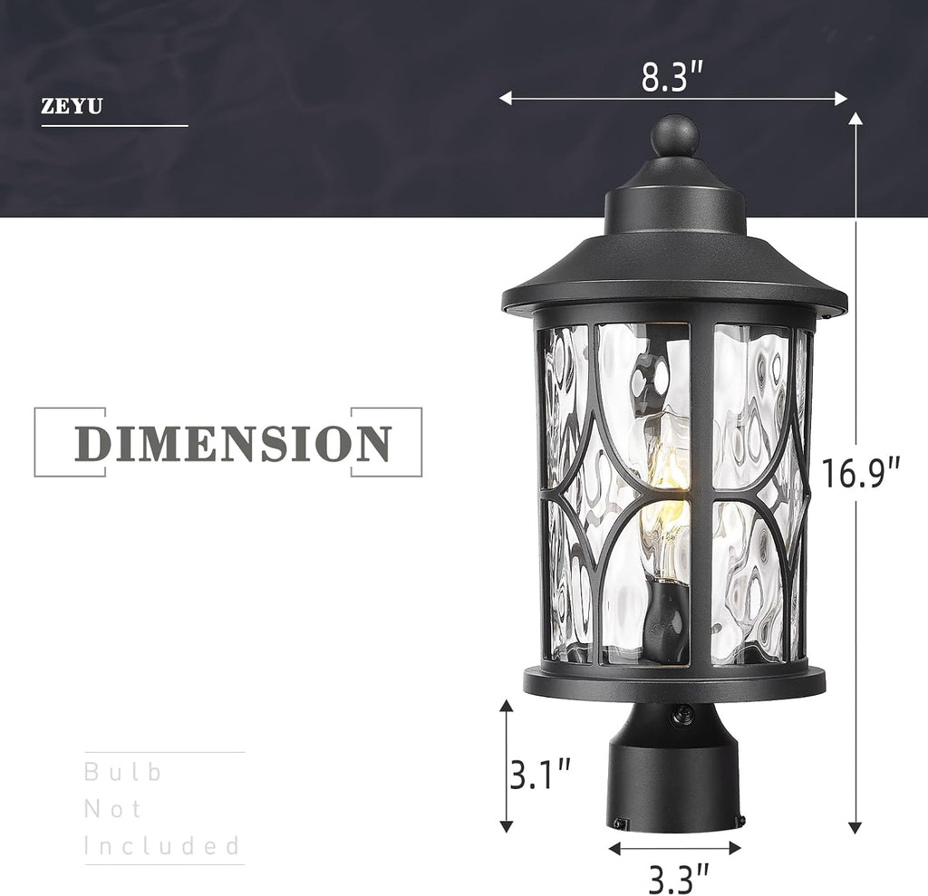 zeyu Pillar Light Outdoor, 16.9 Inch Dusk to Dawn Outdoor Light Fixture Post with Photocell Sensor, Exterior Post Lamp with Water Ripple Glass, ZX48MP PC WG BK