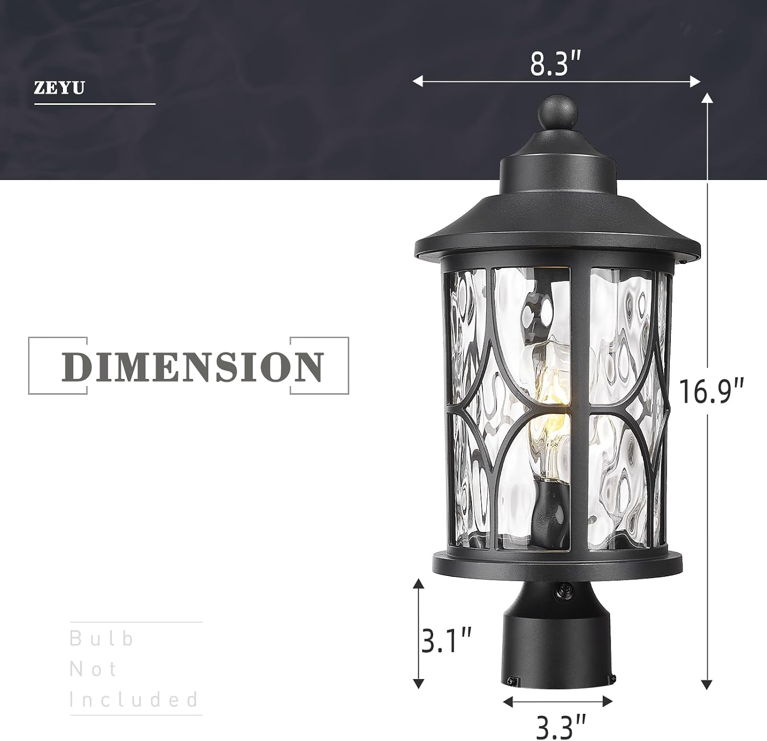 zeyu Pillar Light Outdoor, 16.9 Inch Dusk to Dawn Outdoor Light Fixture Post with Photocell Sensor, Exterior Post Lamp with Water Ripple Glass, ZX48MP PC WG BK