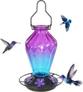 Glass Hummingbird Feeder for Outdoors Hanging, 25Oz Humming Bird Nectar Feeder, Perch, 5 Flower Feeding Ports, Leak Proof Base, Hook for Outside Garden Backyaard, Gift for Women, Diamond Purple