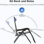 Nazhura Set of 2 Relaxing Recliners Patio Chairs Adjustable Steel Mesh Zero Gravity Lounge Chair Beach Chairs with Pillow and Cup Holder (Navy Blue Stripe)
