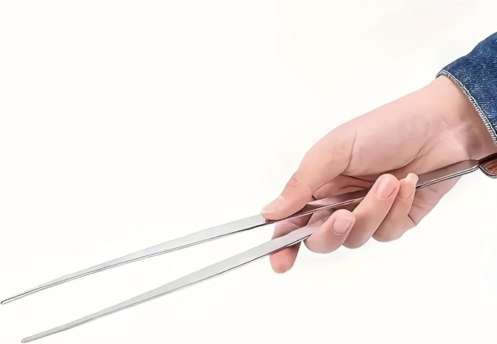 2 Pack Long Stainless Steel Tweezers Set, Heavy Duty Straight & Curved Tongs with Serrated Tips, Multi-Purpose Extended Tweezers for Bonsai Care, Aquarium Aquascaping, Terrarium and Crafting