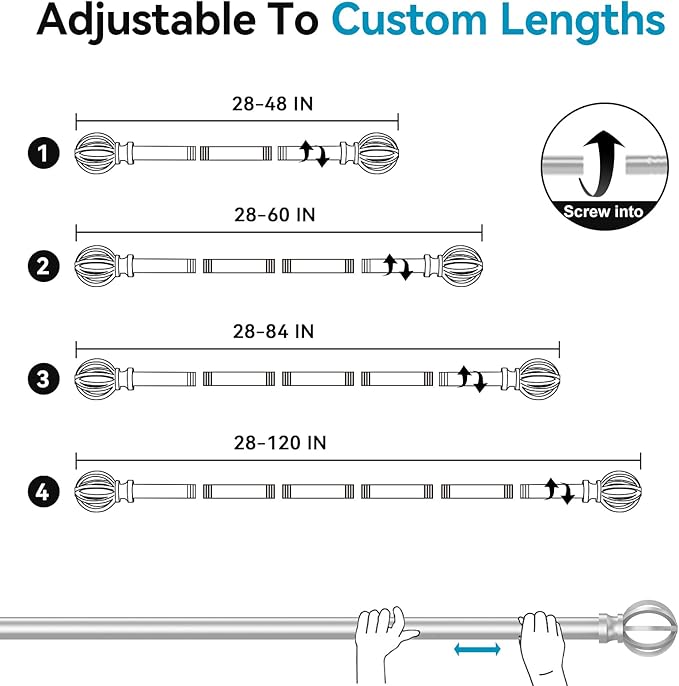 Silver Curtain Rods for Windows 48 to 84, 2 Pack 5/8 Inch Black Heavy Duty Metal Curtain Rods Set - Rustic Decorative Drapery Rods with Brackets for Farmhouse, Bedroom