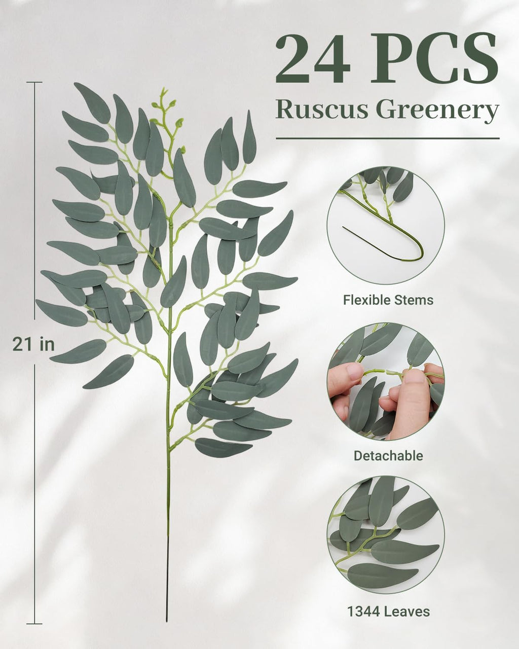 artificial italian ruscus greenery 21" long stems, gray shown in use
