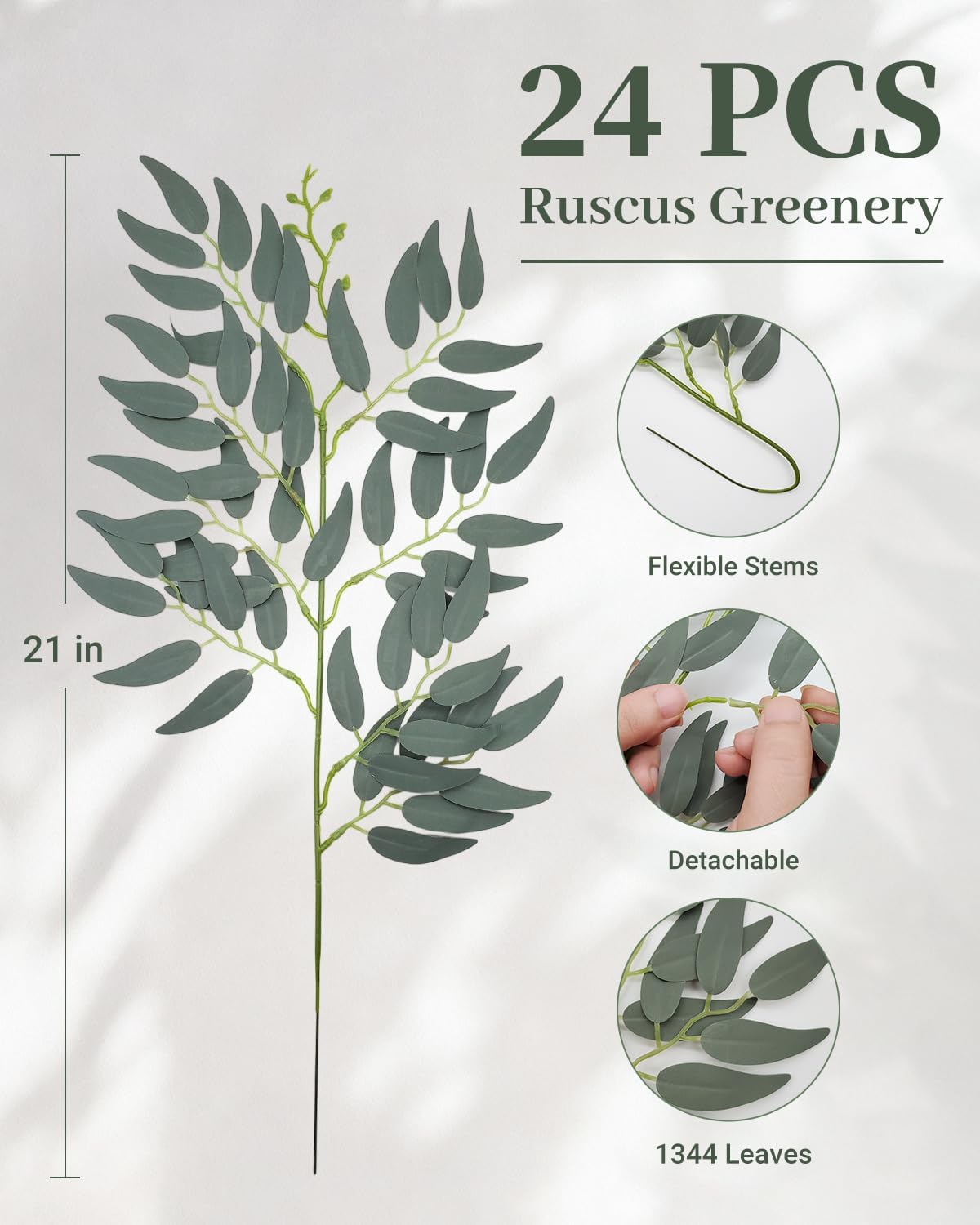 artificial italian ruscus greenery 21" long stems, gray shown in use