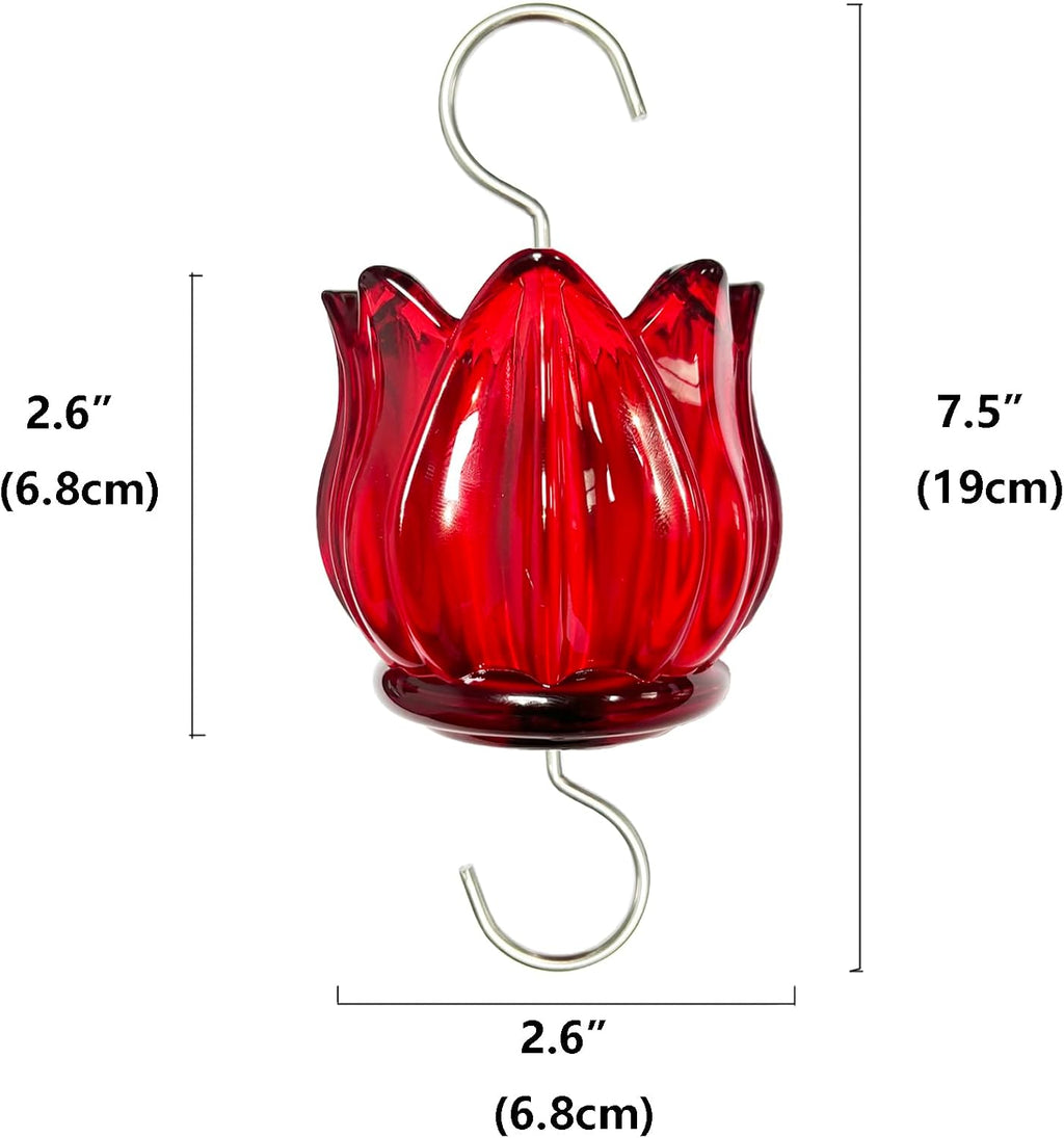 Real Glass Ant Moat for Hummingbird Feeders & Oriole Feeders Glass Tulip Shape Insect Guard with Large Capacity Flower Design Nectar Feeder Accessory Hooks (Red, 2 Pack)