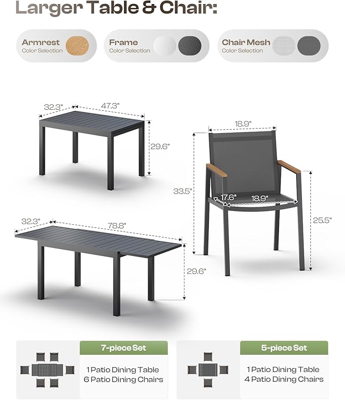 Outdoor Aluminum Patio Dining Table Set for 6-8 Person, Expandable Outdoor Table and 6 Chairs with Textilene Fabric & HDPS Armrest, All-Weather Patio Furniture Set for Yard, Garden, Gray