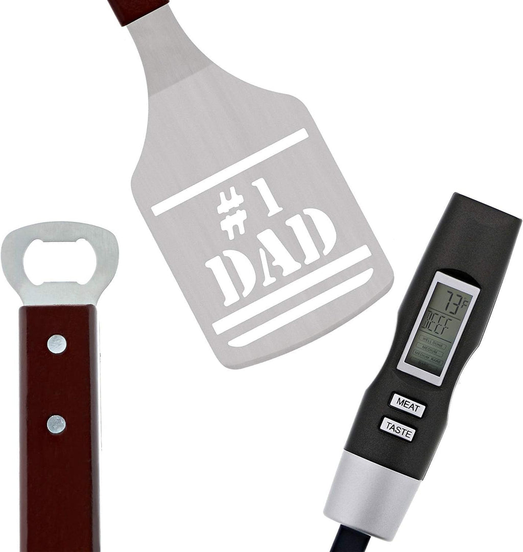 Panoware BBQ Grill Tools Set for Dad, 4 Piece Set, Number 1 Dad Tongs, Spatula, Digital Thermometer and Case