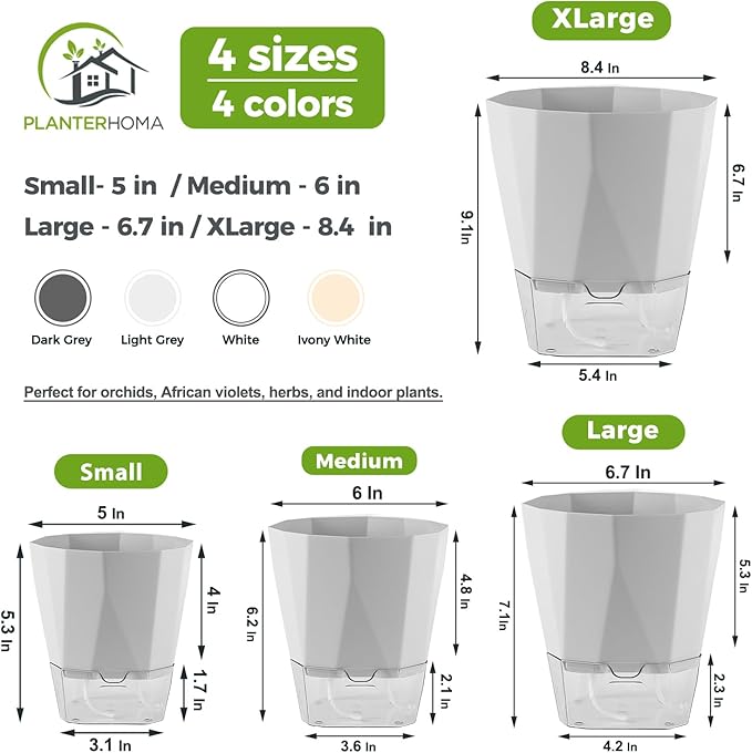5 Pack Self Watering Pots for Indoor Plants 6.7 Inches Self Watering Planters African Violet Self Watering Pots Clear Pot for Herb Orchid Flower Houseplant, Light Grey