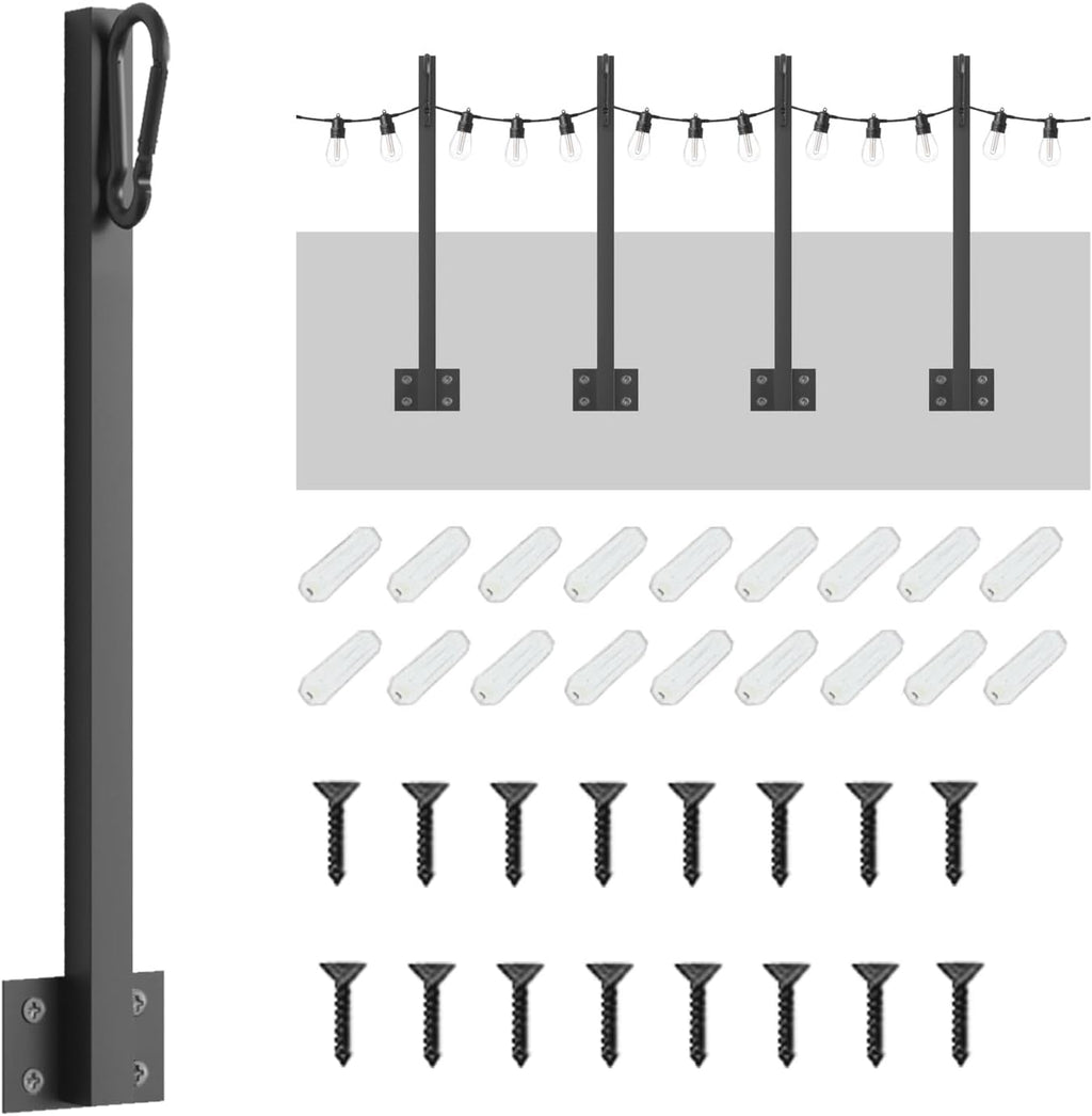 4 Pack String Light Poles,Hanging Light Poles for Outdoor String Lights, Metal Suspension String Light Poles with Carabiner,Hanging Light Poles for Deck Fence Garden Backyard Wall Bistro