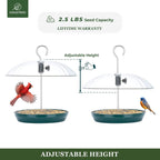 Kingsyard Platform Bird Feeder with Adjustable Dome for Outdoors Hanging | Metal Tray, Adjustable Dome, Adjustable Bird Access, Rain-Resistant, Drainage Holes, Seed & Mealworm Feeder, Green, 2 Pack