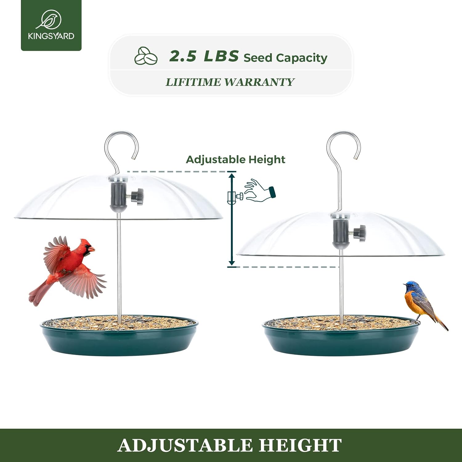 Kingsyard Platform Bird Feeder with Adjustable Dome for Outdoors Hanging | Metal Tray, Adjustable Dome, Adjustable Bird Access, Rain-Resistant, Drainage Holes, Seed & Mealworm Feeder, Green, 2 Pack