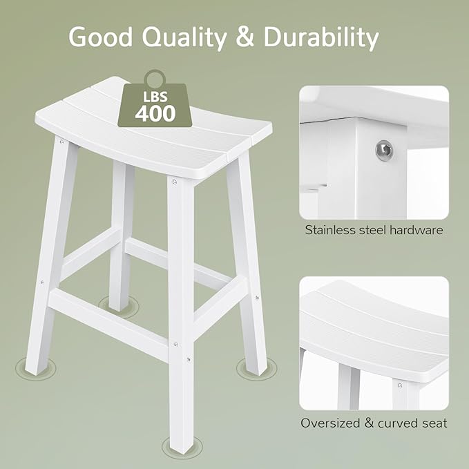 Outdoor Bar Stools Set of 2, Waterproof Barstools, Easy to Clean and Care, for Bar, Kitchen Counter, Deck, and Patio, White