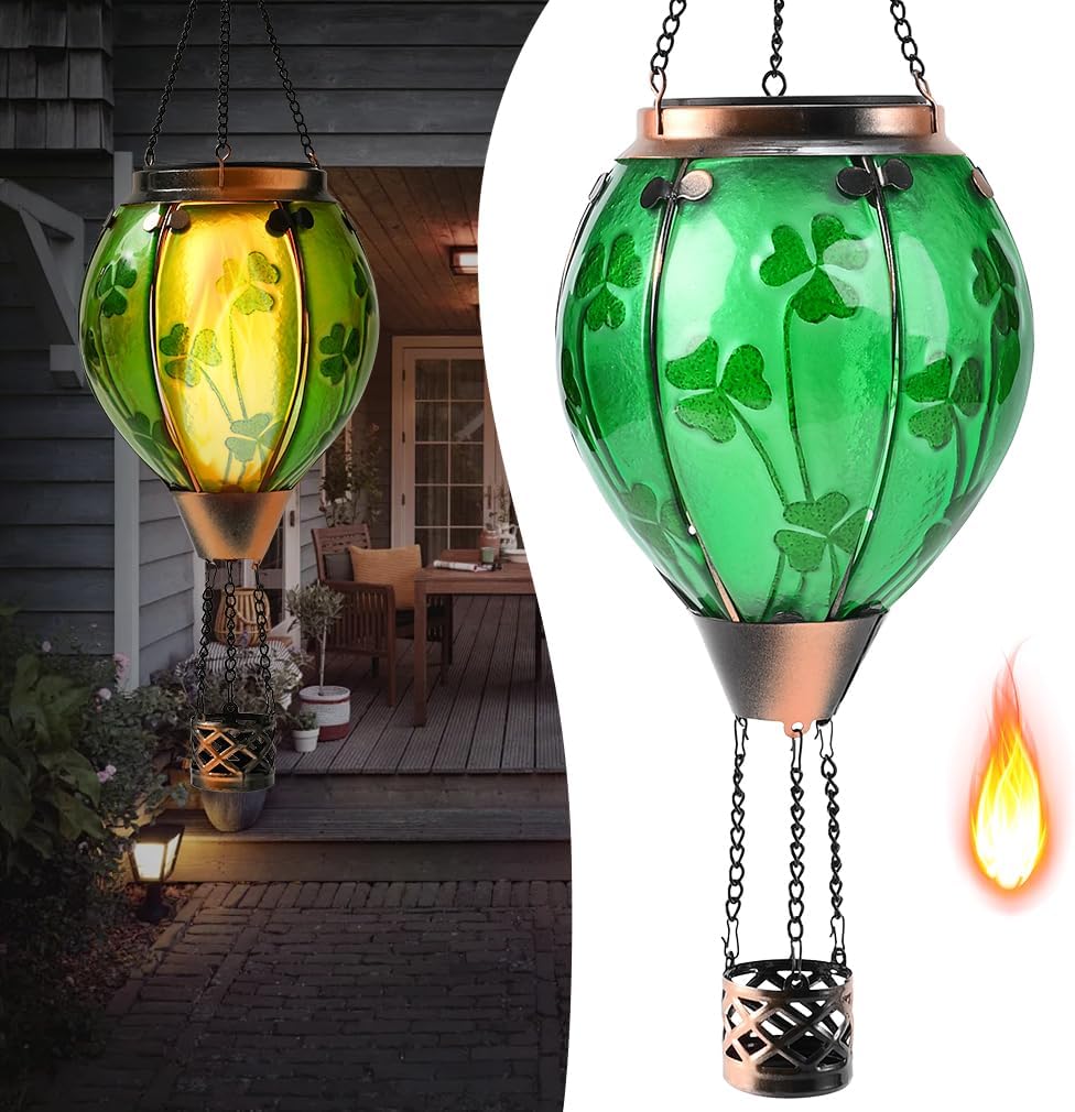 St Patricks Hot Air Balloon Solar Lantern - Patrick's Shamrock Glass Lantern, Simulated Flickering & Dancing Flame, Outdoor Hummingbird Hanging Yard Light for Patio Porch Decor Irish Clover Gift