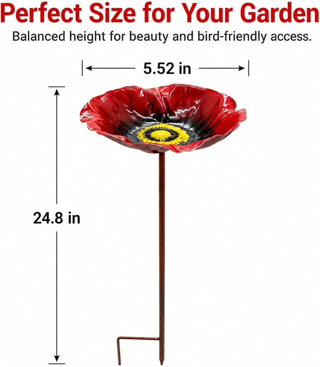 Flower Bird Bath and Feeder, 24.8-Inch Outdoor Metal Stake (Rose red) | Flower-shaped bowl holds water or seed; 3-section metal stake installs tool-free with a stable H-style ground base.