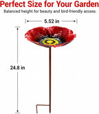 Flower Bird Bath and Feeder, 24.8-Inch Outdoor Metal Stake (Rose red) | Flower-shaped bowl holds water or seed; 3-section metal stake installs tool-free with a stable H-style ground base.
