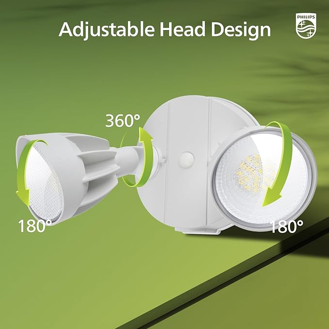 Philips 44W 3500LM ‌LED Security Flood Light‌ ‌Outdoor‌，Switch Controlled Aluminum ‌Security Light‌, 2 Adjustable Heads，5000K Daylight，Wet Location for Patio, Garden, Yard Lights