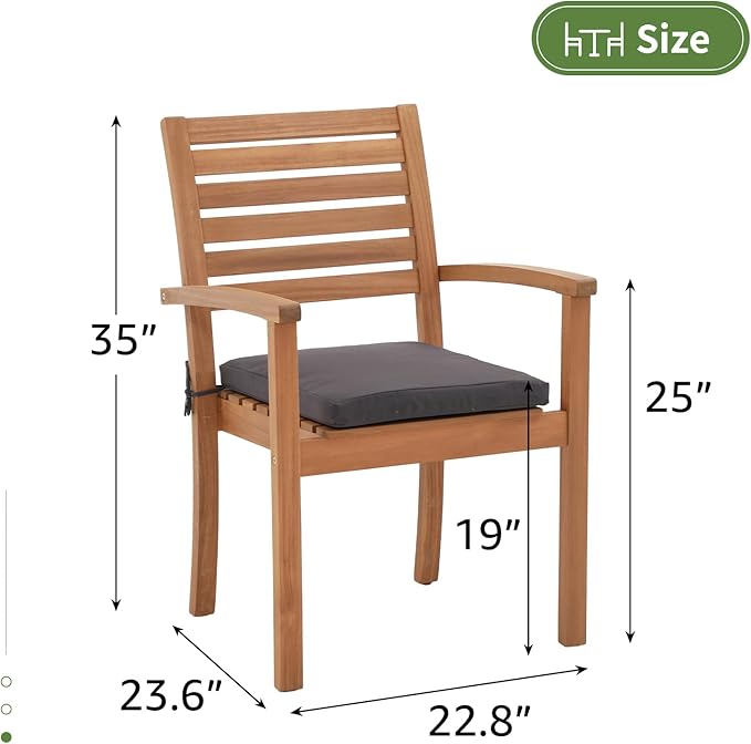 OC Orange-Casual Stackable Patio Dining Chairs Set of 4, Outdoor Acacia Wooden Chairs w/Armrest & Removeable Fabric Cushion, for Porch, Backyard, Garden, Indoor, Dark Grey