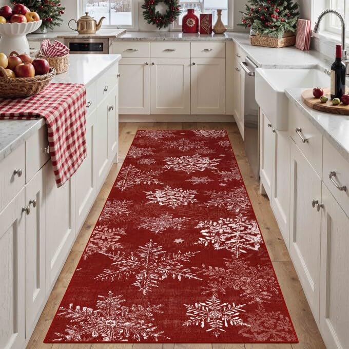 Xmas Snowflake Runner Rug 3x8 Red Washable Non Slip for Hallway | Soft,Low Pile,Snowflake Holiday Decor,for Kitchen,Hallway,Entryway,Laundry Room,Narrow Spaces