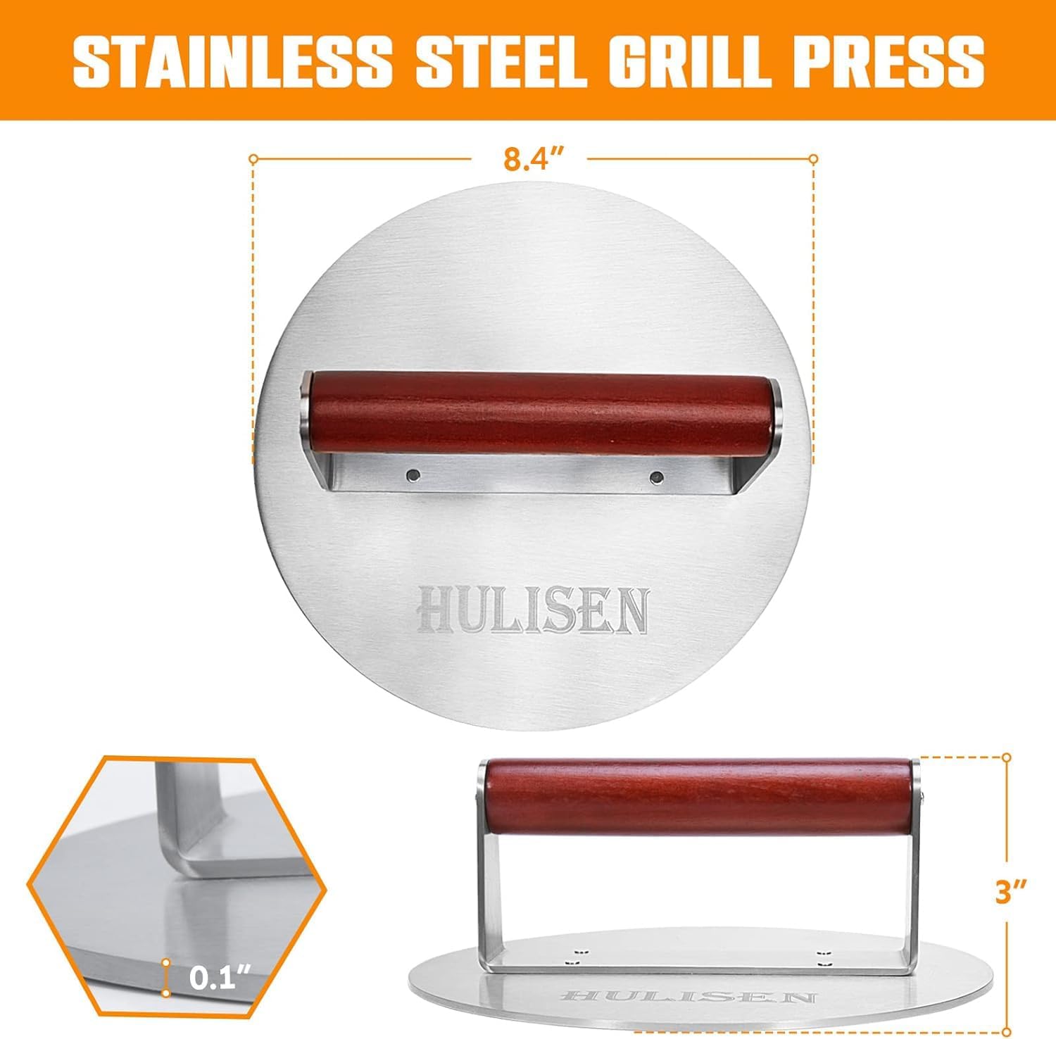 HULISEN 8.5-Inch Burger Press, 2.5 lb Stainless Steel Burger Smasher | Wood Handle, Wide Round Flat Edge Burger Smasher for Bacon & Steaks, Easy Cleanup, Griddle Accessories Fits Flat Top Griddles