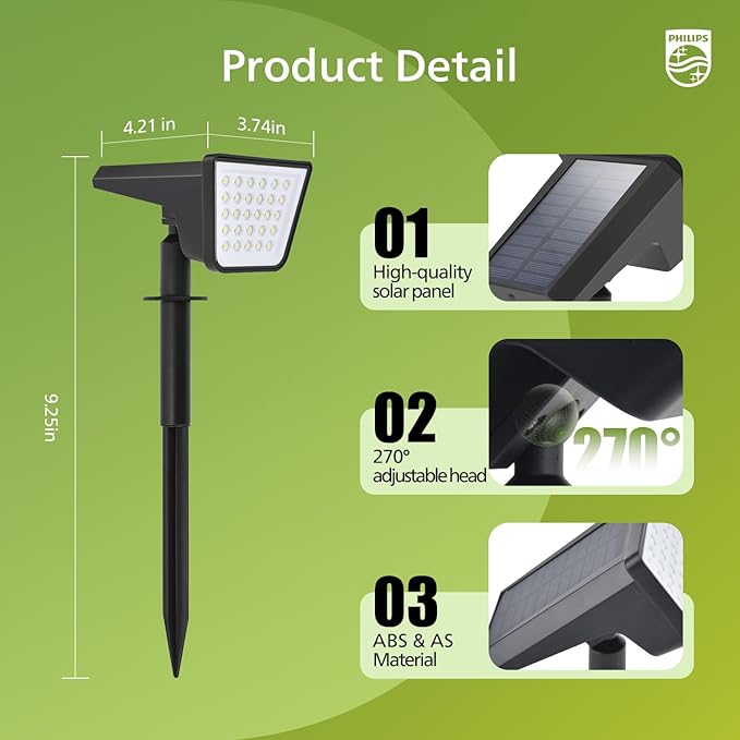Philips 2 Packs Solar Spot Lights Outdoor Waterproof, 28 LED 3000K Solar Powered Landscape Pathway Lights, Dusk to Dawn Solar Spotlights for Garden, Yard, Lawn, Walkway, Driveway