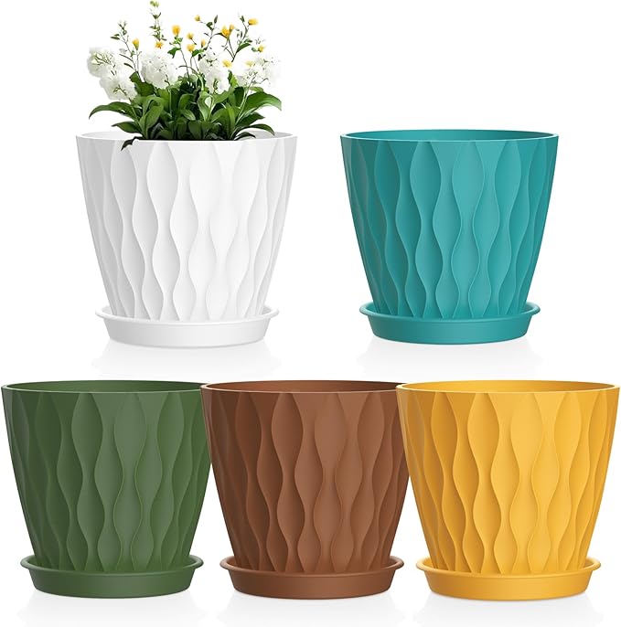 6 inch Plant Pots, 5Pack Water Ripple Flower Pots for Indoor Outdoor Plants, Plastic Planters with Drainage Holes and Saucers, Nursery Pots for Small Succulent Garden House Plants, Multicolor