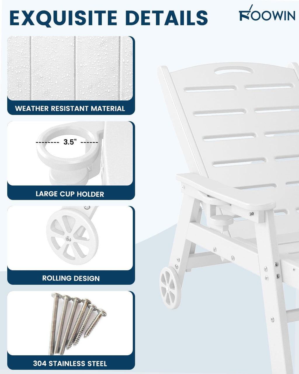 Chaise Lounge Chair, HDPE Lounge Chair Outdoor with 5 Positions, Oversized Pool Lounge Chairs with Rolling Wheels & Cup Holder for Poolside Deck Backyard, White