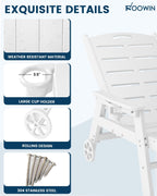 Chaise Lounge Chair, HDPE Lounge Chair Outdoor with 5 Positions, Oversized Pool Lounge Chairs with Rolling Wheels & Cup Holder for Poolside Deck Backyard, White