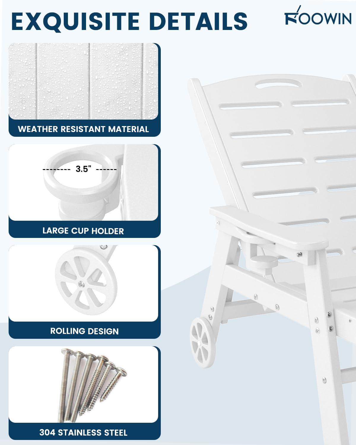 Chaise Lounge Chair, HDPE Lounge Chair Outdoor with 5 Positions, Oversized Pool Lounge Chairs with Rolling Wheels & Cup Holder for Poolside Deck Backyard, White