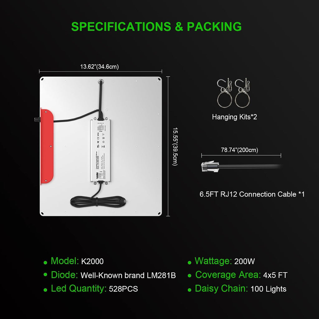 K2000 LED Grow Light, Grow Light with Daisy Chain & Dimmable, Full Spectrum Plant Grow Lights for Hydroponic Indoor Plants Seeding