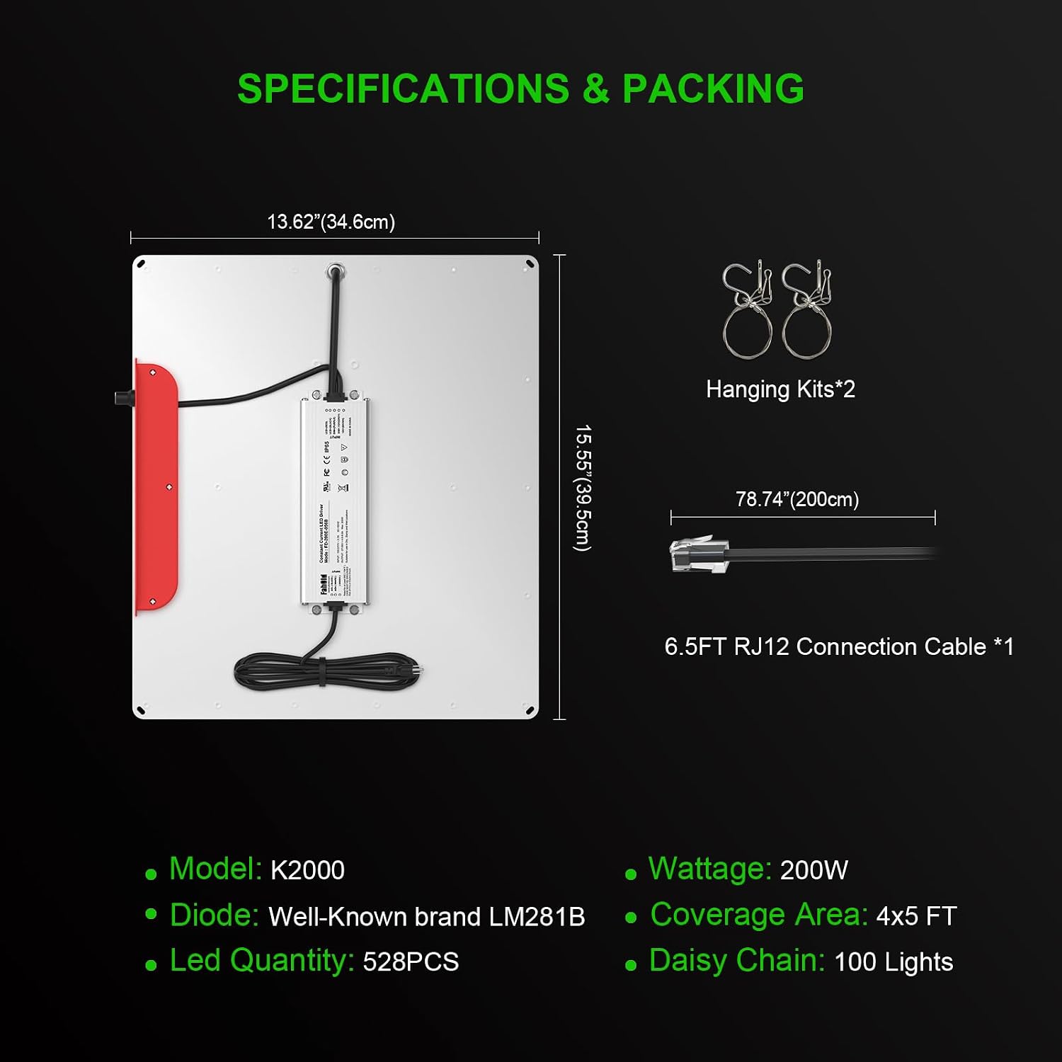 K2000 LED Grow Light, Grow Light with Daisy Chain & Dimmable, Full Spectrum Plant Grow Lights for Hydroponic Indoor Plants Seeding