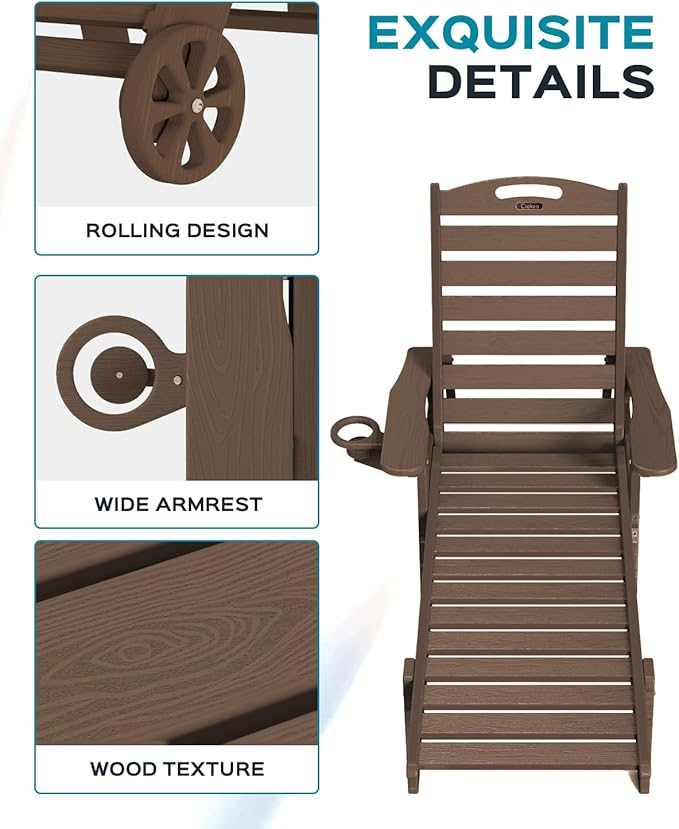 Ciokea Outdoor Lounge Chair Set of 4, All Weather Patio Chaise Lounge Chair for Outside, HDPE Chair with Rolling Wheels & Cup Holder, 5 Position, Deck, Pool, Dark Brown