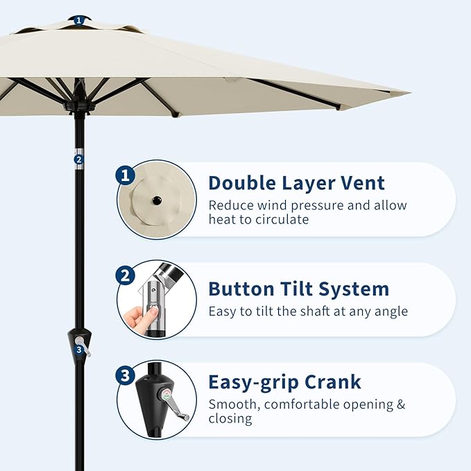 Garvee 9FT Patio Umbrella - Outdoor Table Umbrella with Smooth Crank Lift, Push Button Tilt and 8 Sturdy Ribs - Market Umbrella UV Protection Waterproof for Pool, Deck, Yard, Garden -Beige