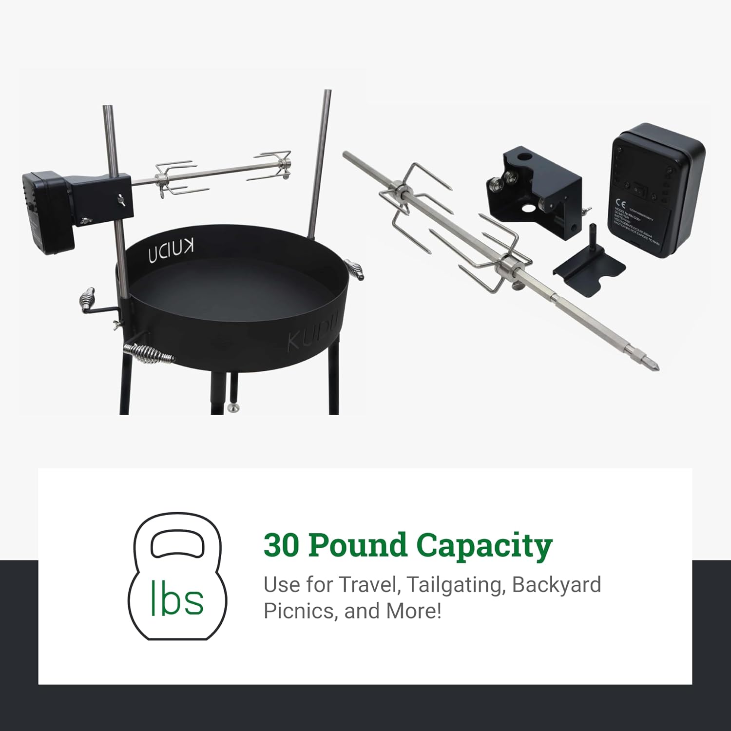 KUDU Rotisserie Kit - Stainless Steel Battery Powered Square Spit for Charcoal Grill 5/16 Inch Square Drive Spit