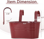 3 Pack Metal Railing Planters, 10.5" Oval Hanging Flower Pots with Detachable Hooks & Drainage Holes, Fits Rails up to 2.36", Galvanized Iron Fence Bucket for Balcony Garden Patio - Red