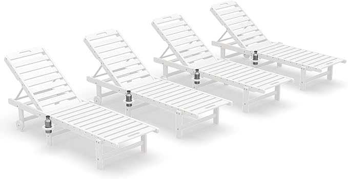 SERWALL Patio Chaise Lounge Chair Set of 4, HDPE Outdoor Lounge Chair with Cup Holder, 5 Positions Adjustable Pool Lounger with Rolling Wheels for Poolside, Deck, Sunbathing, White
