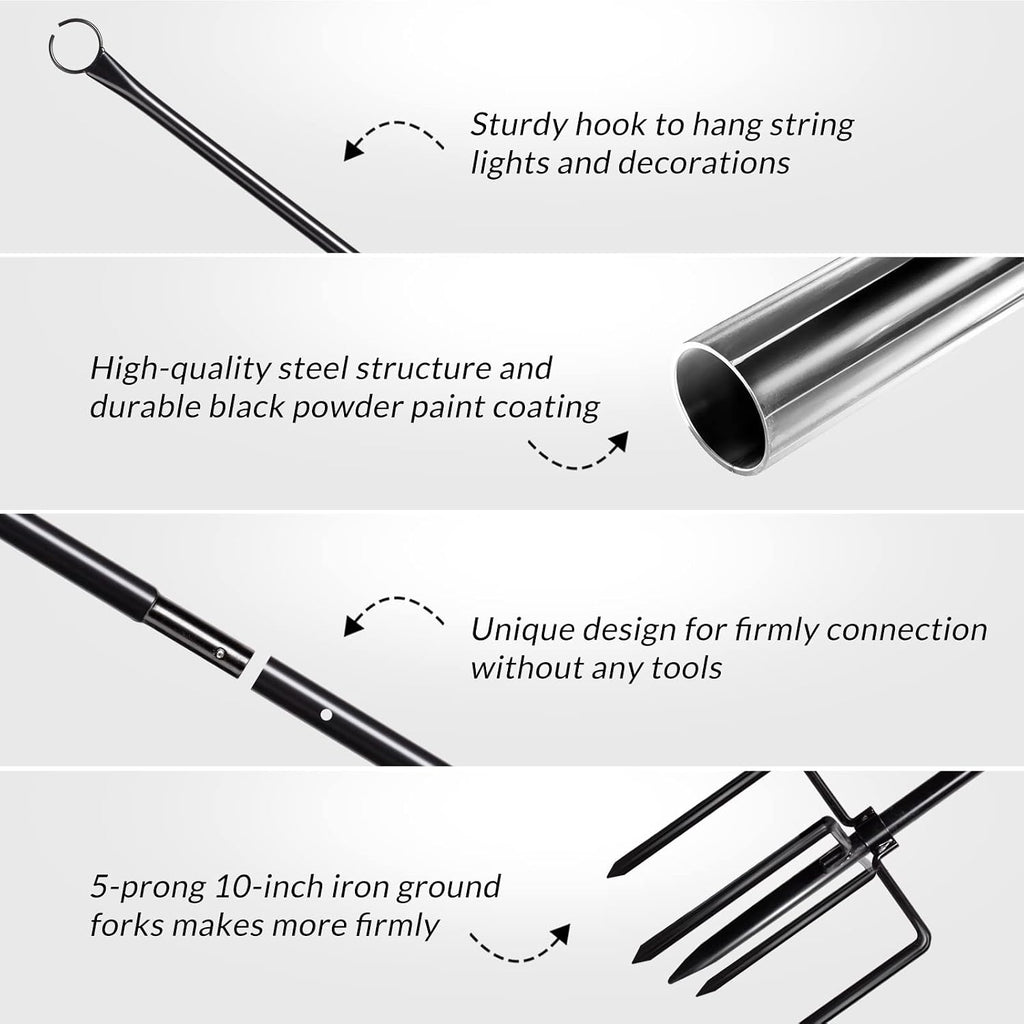 Walensee String Light Poles with Hook Outdoor Metal Pole for Hanging, Garden Party 9.4FT Lights Hanger with 5-Prong Fork Steel Stand Holder for Patio Christmas Wedding 2 Pack