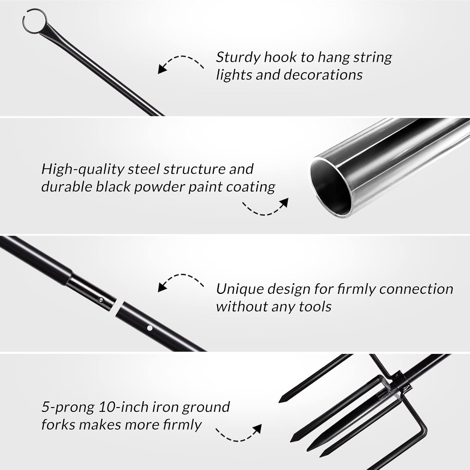 Walensee String Light Poles with Hook Outdoor Metal Pole for Hanging, Garden Party 9.4FT Lights Hanger with 5-Prong Fork Steel Stand Holder for Patio Christmas Wedding 2 Pack