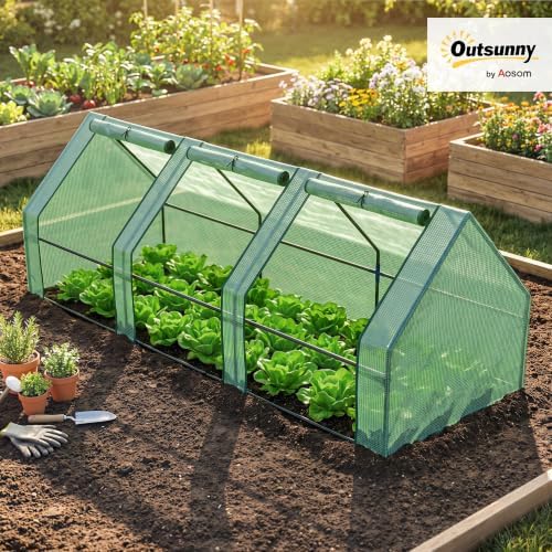 outsunny 9' x 3' x 3' mini greenhouse shown in use