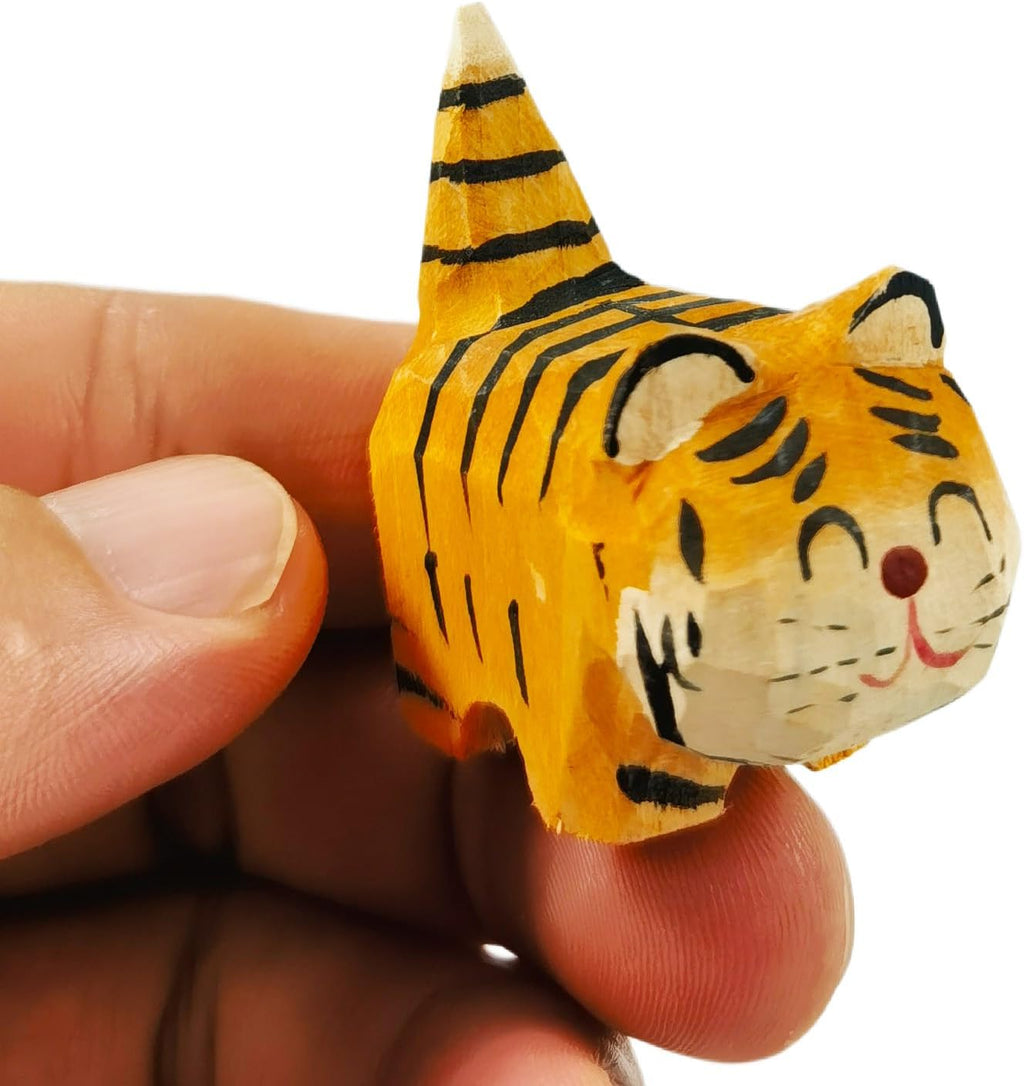 EMiEN Cute Small Wood Tiger Figurine Carved Orange Tiger,Handmade Sculpture Craft Set, for Home Office Decoration, Car Ornaments